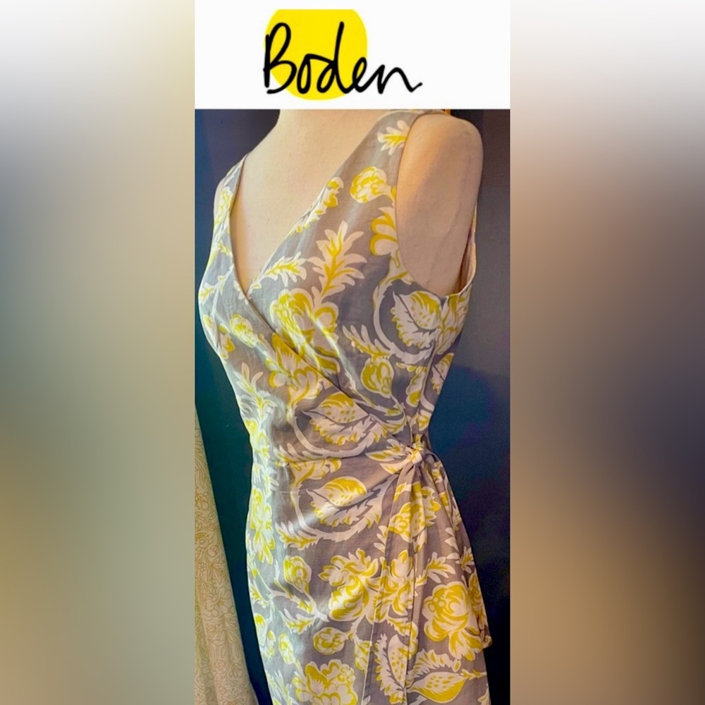 Boden Grey and Yellow Floral Wrap Mini Dress